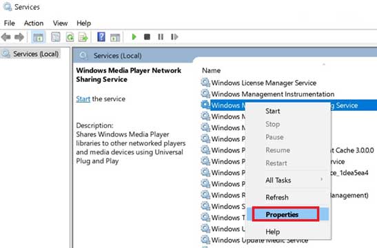 open properties of windows media player network sharing service