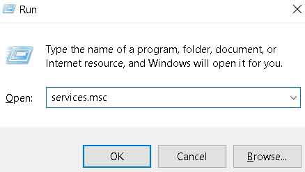 open services.msc in windows 10 using run