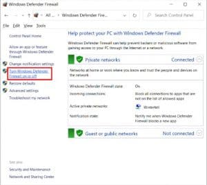 Turn Windows Defender Firewall on and off