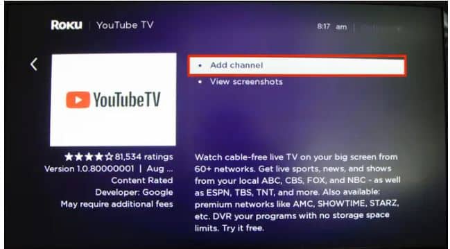 From the list of available suggestions, select YouTube TV, then press on Add channel